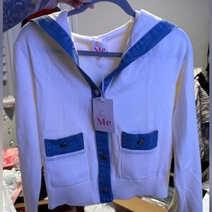 NWT So Me Sweater Cardigan fabric with denim trim detailing size Large